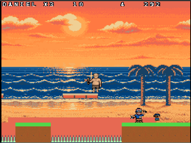 Tela atualizada do jogo em uma praia pixelada