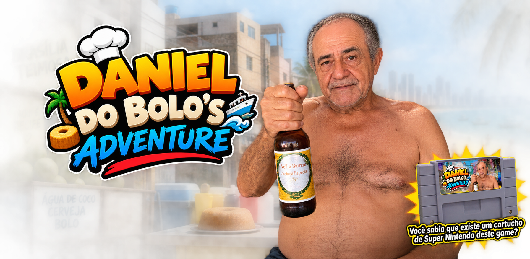 Daniel segurando uma garrafa em uma paisagem litorânea