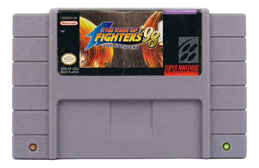 KOF '98 SNES cartridge with the fan-made The SNESFest label
