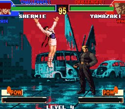 Shermie and Yamazaki fighting in front of a red night sky