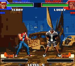 Terry Bogard fighting Lucky in a city street at night